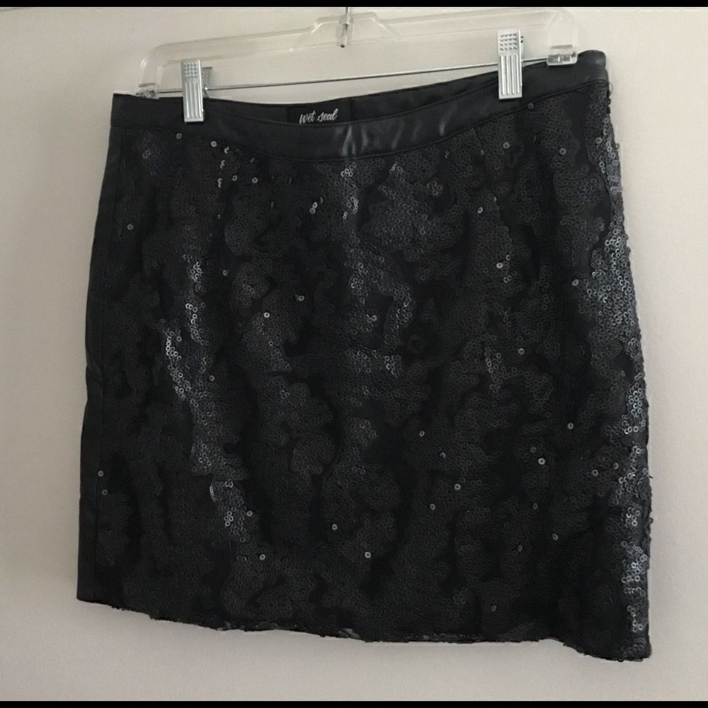 Wet Seal Black Faux Leather & Sequin Mini Skirt L